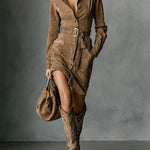 Suede Single Breasted Lapel Long Sleeve Midi Dress（Belt not included）