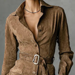 Suede Single Breasted Lapel Long Sleeve Midi Dress（Belt not included）