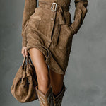 Suede Single Breasted Lapel Long Sleeve Midi Dress（Belt not included）