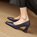 Women's Genuine Leather Block Heel Pumps | Elegant All-Day Comfort Style