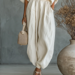 Off-white Linen Off-shoulder Loose Casual Top And Tapered Pants Set