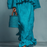 Blue Ruffled Blouse And Straight Skirt Suit