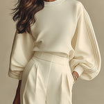 Ivory Ribbed Crew Neck Top And High-waisted Wide-leg Pants Suit