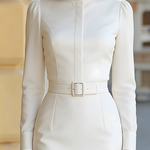 White Turtleneck Long-sleeved Pleated Midi Dress (with belt)