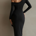 Black One-Shoulder Draped Bodycon Midi Dress