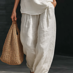 White Faux Linen V-neck Sleeveless Top And Wide-leg Pants Set
