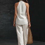 White Faux Linen V-neck Sleeveless Top And Wide-leg Pants Set