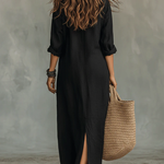 Black Button-down Front-opening Loose-fitting Shirt Maxi Dress