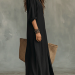 Black Button-down Front-opening Loose-fitting Shirt Maxi Dress