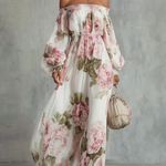 White And Pink Floral Print Off-shoulder Chiffon Maxi Dress
