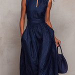 Dark Blue Striped Keyhole Neckline Wide-leg Jumpsuit