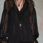 Black V-neck Lantern Sleeve Ruffled Chiffon Mini Dress
