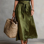 Black Shirt And Olive Green Midi Skirt Two-piece Suit
