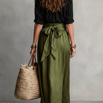 Black Shirt And Olive Green Midi Skirt Two-piece Suit