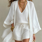White Loose Cardigan And Drawstring Shorts Three-piece Set