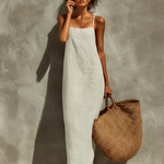 Red Faux Linen Suspender Square Neck Maxi Dress