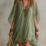 Green Chiffon V-neck Layered Flowy Mini Dress