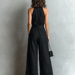 Black Faux Cotton-linen Halter Neck Vest With Tie-up Lace-trimmed Wide-leg Pants Set