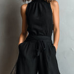 Black Faux Cotton-linen Halter Neck Vest With Tie-up Lace-trimmed Wide-leg Pants Set