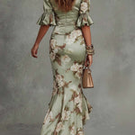Green Floral Ruffled Bell Sleeve V-neck Satin Asymmetrical Maxi Dress