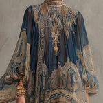 Navy Blue Baroque Print High-neck Irregular Chiffon Mini Dress