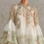 Green Print Ruffle Hem Flounce Sleeve Chiffon Mini Dress