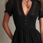 Black Pleated Waist Lace-trimmed Mini Dress