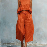 Solid Color Faux Linen Ruffled Wide-leg Capri Pants Suit