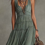 Sage Green Pleated Chiffon V-neck Flowing Maxi Dress