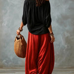 Black Off-shoulder Top And Red Loose-fitting Lantern Pants Suit
