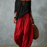 Black Off-shoulder Top And Red Loose-fitting Lantern Pants Suit