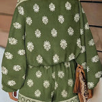 Baroque Print Off-Shoulder Lantern Sleeve Shorts Jumpsuit