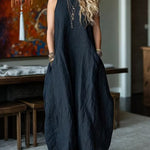 Black Sleeveless Faux Linen Balloon Maxi Dress