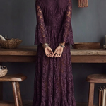 Purple Lace V-neck Ruched Bell sleeve Sheer Maxi Dress