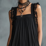 Black Lace-trimmed Ruffled Sheer Polka Dot Mini Dress