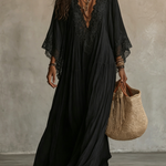 Black Lace V-neck Batwing Sleeve Chiffon Maxi Dress