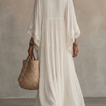 White Lace V-neck Batwing Sleeve Chiffon Maxi Dress