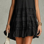 Black Striped Chiffon Lace-trimmed Ruffled Mini Dress