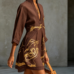 Black Gold Printed V-neck Crochet Lace Mini Dress