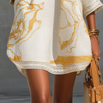 Ivory Gold Printed V-neck Crochet Lace Mini Dress