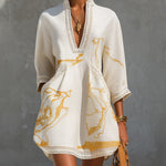 Black Gold Printed V-neck Crochet Lace Mini Dress