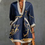 Navy Gold Printed V-neck Crochet Lace Mini Dress