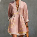 Pink Gold Printed V-neck Crochet Lace Mini Dress