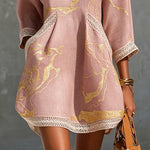 Pink Gold Printed V-neck Crochet Lace Mini Dress
