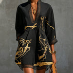 Black Gold Printed V-neck Crochet Lace Mini Dress