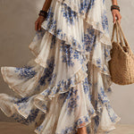 Romantic Vacation Blue And White Floral Print Halter Neck Ruffled Maxi Dress