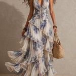 Romantic Vacation Blue And White Floral Print Halter Neck Ruffled Maxi Dress