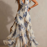 Romantic Vacation Blue And White Floral Print Halter Neck Ruffled Maxi Dress