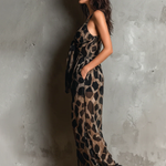 Black Animal Print Halter-neck Loose-fitting Chiffon Wide-leg Jumpsuit
