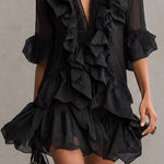 Black Ruffled Chiffon Lace Mini Dress